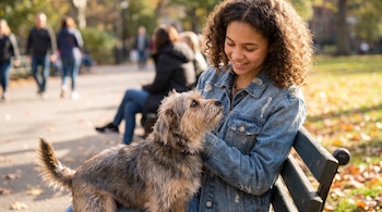 Adolescente de pelo rizado con chaqueta de jean sentada en un banco. Perro de pelaje marrón y gris la mira. Fondo de parque, árboles, hojas secas y personas.