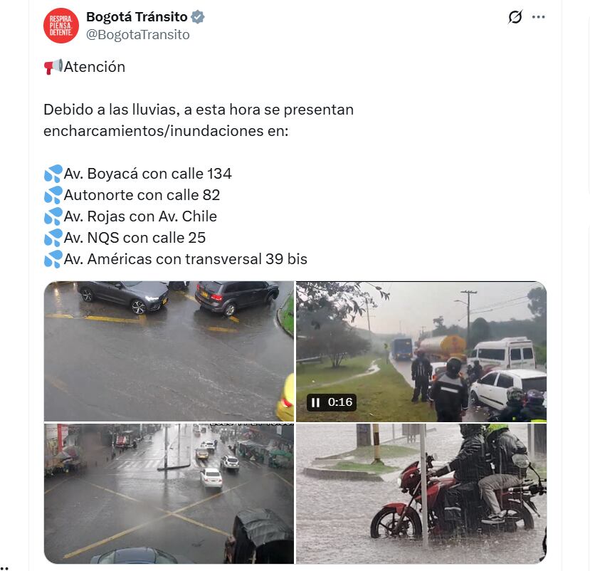 Así está la movilidad en Bogotá tras las lluvias registradas en la tarde del 21 de noviembre - crédito @BogotaTransito