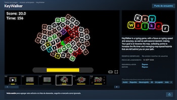 Interfaz de la plataforma Steam con la ficha del videojuego KeyWalker, capturas de pantalla, descripción en inglés y etiquetas