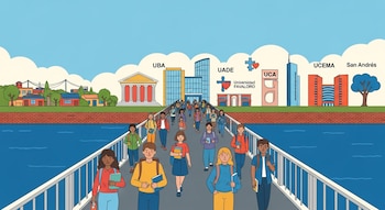 Ilustración plana de jóvenes diversos caminando sobre un puente que cruza un río, conectando un barrio humilde con edificios que representan universidades argentinas.
