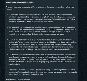 Comunicado del Ministerio de Defensa