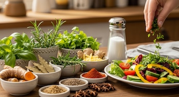 Primer plano de una mano añadiendo hierbas a una ensalada colorida en una mesa de madera con albahaca, romero, jengibre, cúrcuma, especias y un salero.