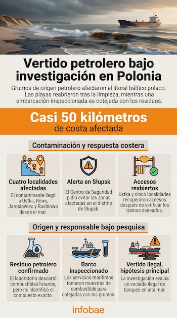 Infografía con la ilustración de un buque en el mar, seis recuadros con iconos informativos y el logotipo de Infobae en la parte inferior.
