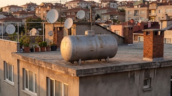 Tanque de gas gris oxidado sobre una azotea de concreto con antenas parabólicas, macetas, chimeneas de ladrillo y edificios residenciales en el fondo.