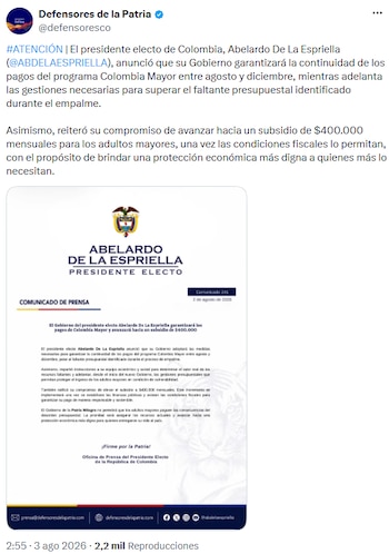 Abelardo de la Espriella aseguró continuidad de Colombia Mayor y prometió aumento del subsidio - crédito @defensoresco/X