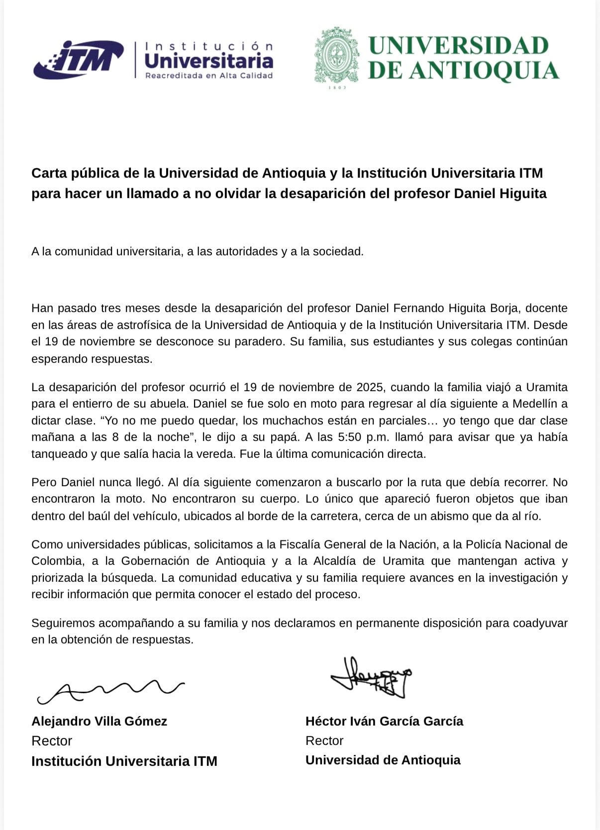 Las universidades de Antioquia e ITM difundieron una carta pública para pedir avances en la investigación sobre la desaparición del profesor Daniel Higuita, ocurrida en noviembre de 2025- crédito Universidad de Antioquia