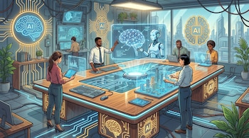 Ilustración de personas en una mesa de trabajo interactuando con pantallas holográficas y dispositivos, con íconos de IA y circuitos integrados visibles.