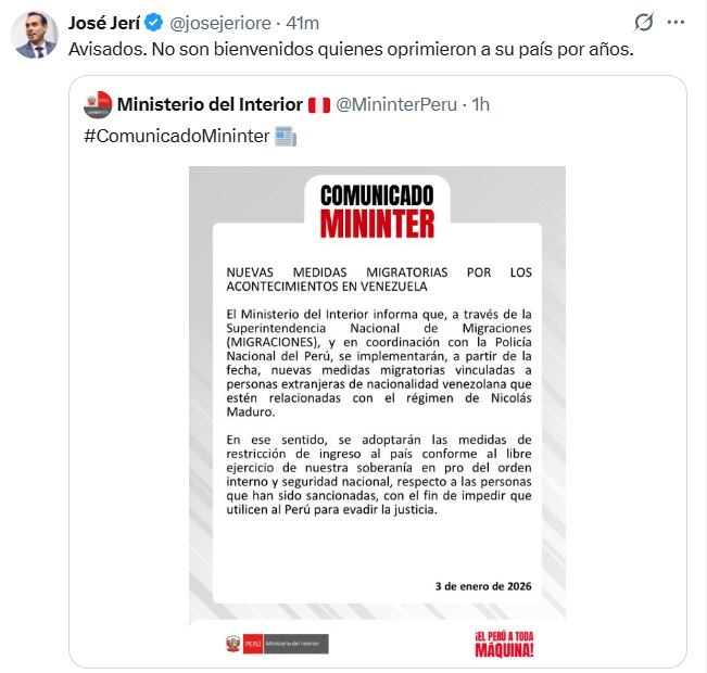 José Jerí: “No son bienvenidos quienes oprimieron a su país por años” en anuncio de restricciones migratorias. (Foto: X/@José Jerí)