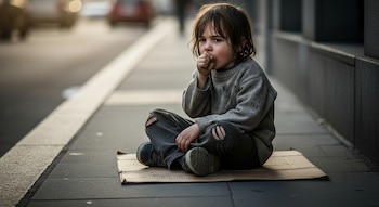 Primer plano de un niño con ropa gris desgastada y pantalones rotos, sentado sobre un cartón en una vereda, cubriéndose la boca con la mano.