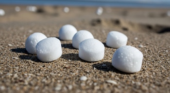 Primer plano de varias bolas de naftalina blancas y redondas con gotas, esparcidas sobre arena granulada de playa bajo luz natural brillante con un fondo difuminado.