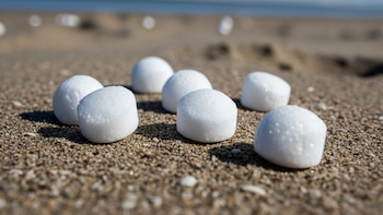 Naftalina en la playa: Bolas blancas esparcidas sobre la arena - VisualesIA ScribNews