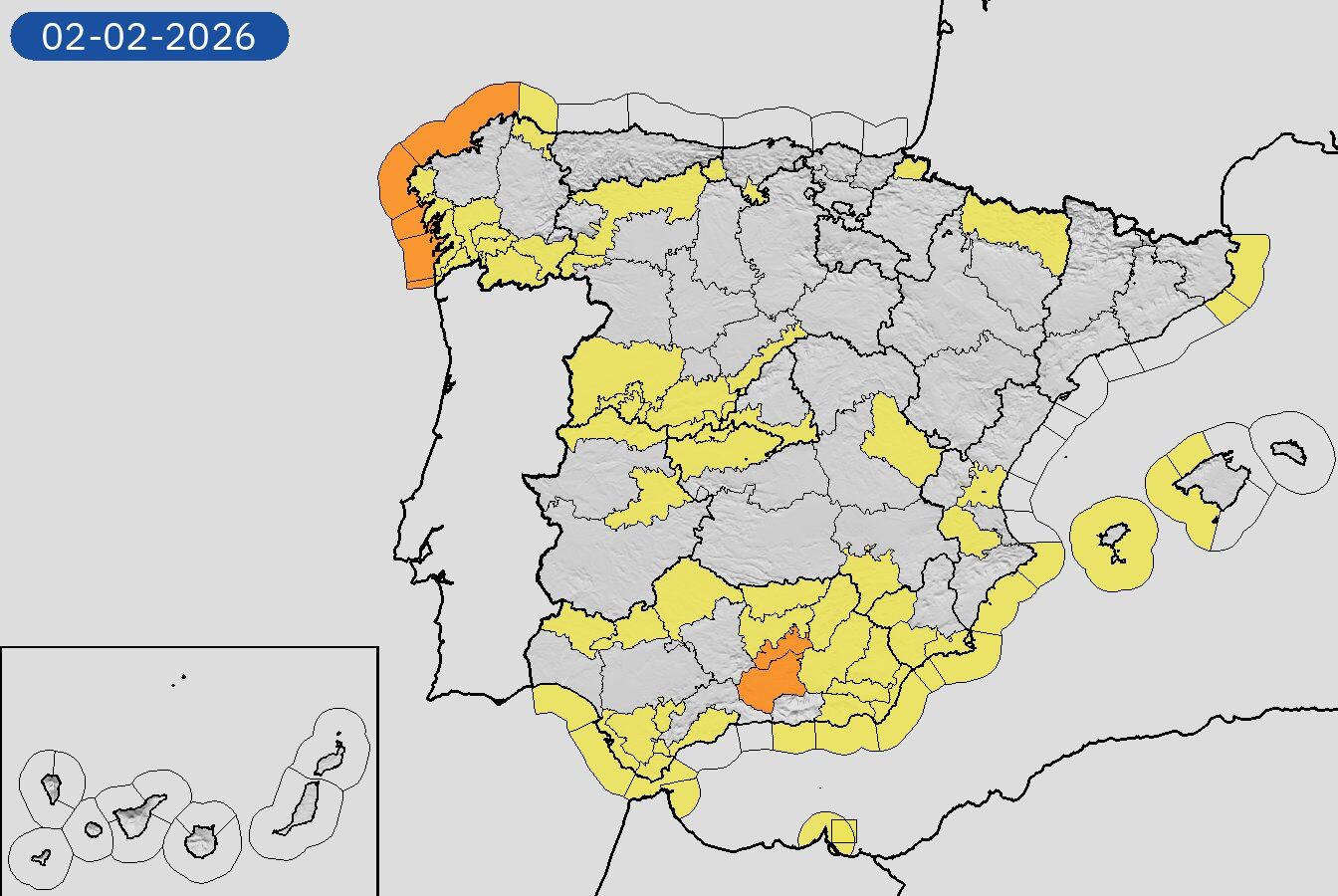 Mapa de avisos meteorológicos para este lunes, 2 de febrero de 2025. (Aemet)