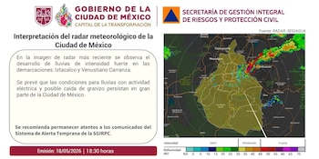 Imagen de radar meteorológico de la Ciudad de México que muestra zonas de lluvia con distintas intensidades, con texto informativo sobre el pronóstico del clima