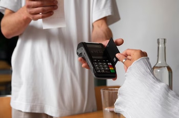 Primer plano de una persona insertando una tarjeta de crédito negra en un terminal de punto de venta, con un recibo en la mano de otra persona