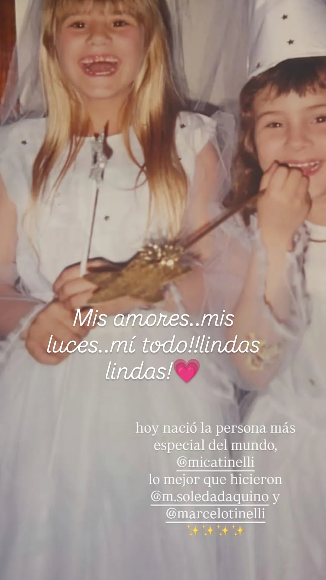 Una publicación en redes sociales comparte una fotografía de la infancia de Mica Tinelli y Cande Tinelli junto a un mensaje de saludo por su cumpleaños.