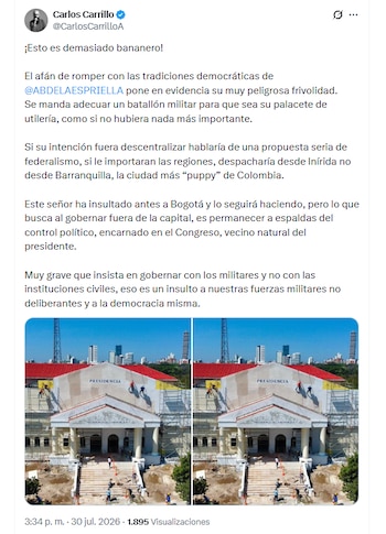 Carlos Carrillo cuestionó la construcción de la nueva sede presidencial en Barranquilla y aseguró que el proyecto refleja una “frivolidad” del Gobierno entrante frente a las prioridades del Estado - crédito @CarlosCarrilloA/X