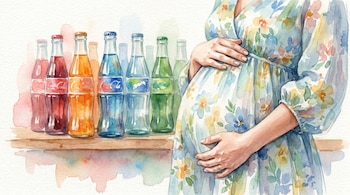 Ilustración en acuarela de una mujer embarazada tocándose el vientre, con una hilera de botellas de refresco de diferentes colores en el fondo.