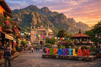 Calle de Tepoztlán con personas, edificios coloridos, iglesia colonial, letrero "TEPOZTLAN" multicolor, kiosco y montañas majestuosas bajo un cielo anaranjado.