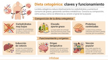 Infografía de la dieta cetogénica con secciones sobre su composición, funcionamiento, origen y versión popular, ilustradas con alimentos y órganos.