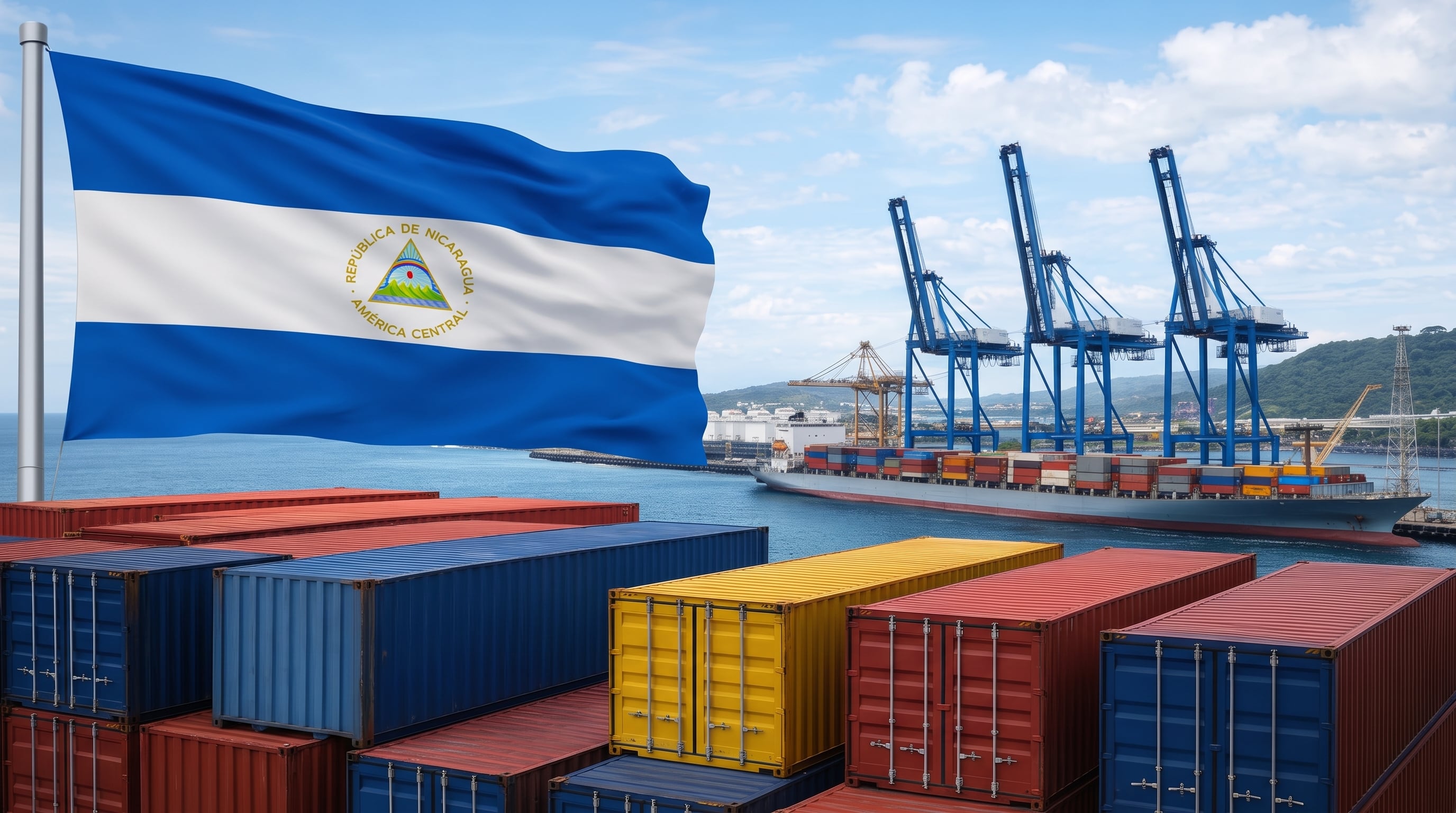 La bandera de Nicaragua flamea junto a un puerto comercial con contenedores de carga y grúas de operaciones marítimas. (Imagen Ilustrativa Infobae)