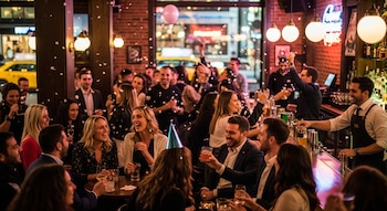 Una vista interior de un concurrido bar de Nueva York con gente celebrando, confeti cayendo y un camarero sonriente preparando bebidas detrás de la barra.