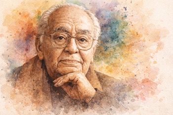 Ilustración acuarela en tonos sepia de un hombre mayor con cabello blanco y gafas, apoyando la barbilla. Fondo difuso con salpicaduras de acuarela multicolor.