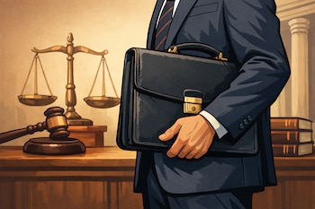 Ilustración de un hombre vestido con traje sosteniendo un portafolio negro, con una balanza de la justicia y un mazo de juez sobre una mesa.
