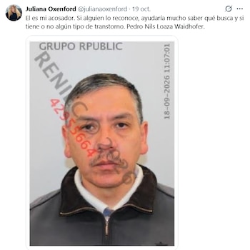 Captura de una publicación de redes sociales con la fotografía frontal de identificación de un hombre y un texto de denuncia