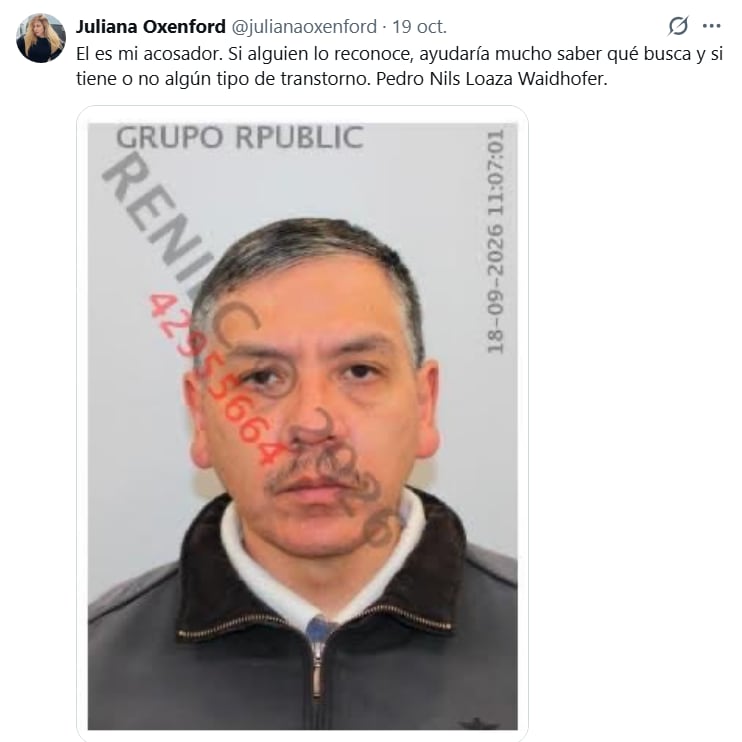 La periodista peruana Juliana Oxenford difunde en redes sociales la fotografía de Pedro Nils Loayza, a quien denunció formalmente por acoso ante la policía.