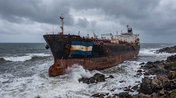 Petrolero encallado en una costa rocosa, con la bandera de Nicaragua pintada en la proa. Olas rompen contra el casco oxidado bajo un cielo nublado y mar gris.