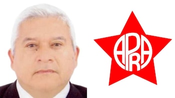 Retrato de un hombre de saco junto al logotipo del partido APRA, consistente en una estrella roja con la sigla en su interior