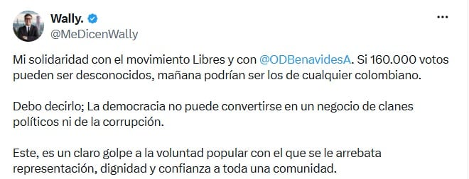 El dato que activó la reacción pública fue la pérdida de la segunda curul afro que, según el representante a la Cámara Óscar David Benavides, correspondía a Anyela Viviana Guanga, del Movimiento Libres, y terminó en manos de Sandoval Ibáñez, del Partido Demócrata Colombiano - crédito @MeDicenWally/X