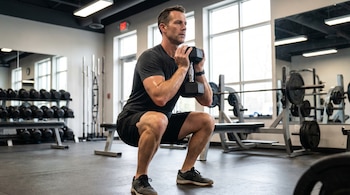 Um homem de meia-idade, de camiseta preta e shorts pretos, está fazendo agachamentos com um haltere colocado na frente do peito na academia.
