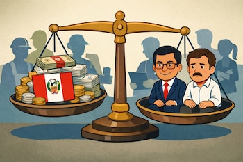 Ilustración de una balanza con billetes, monedas y la bandera peruana en un platillo, y caricaturas de Roberto Sánchez y Daniel Hermoza en el otro.