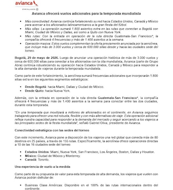 De acuerdo con el comunicado difundido este 29 de mayo de 2026, la medida responde a la previsión de un incremento en la demanda de viajes hacia Estados Unidos, Canadá y México durante el evento deportivo - crédito Avianca