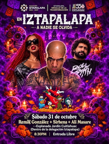 Cartel con calaveras decoradas, flores de cempasúchil, velas, tres personas al centro y texto informativo sobre un evento en Iztapalapa