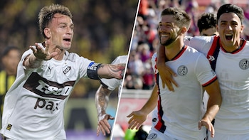 Imagen dual con un jugador de Platense en camiseta blanca y marrón gesticulando, y dos de San Lorenzo en camiseta blanca, roja y azul celebrando