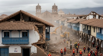Edificios con balcones de madera y techos de teja dañados, escombros en la calle, excavadoras y trabajadores con cascos, iglesia colonial al fondo