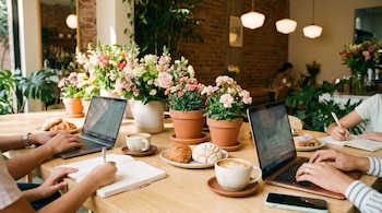 Primer plano de manos escribiendo en cuadernos y tecleando en laptops sobre una mesa de madera clara con café, repostería y arreglos florales, en una cafetería luminosa.