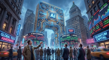 Una ilustración hiperrealista de un chip gigante de IA con circuitos brillantes en Wall Street, rodeado de rascacielos, pantallas bursátiles y personas.