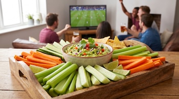 Bandeja de madera con bastones de zanahoria, apio y pepino, y un tazón de guacamole. Amigos viendo un partido de fútbol en TV al fondo.