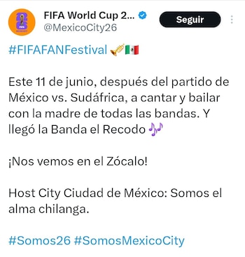Captura de pantalla de un tuit de la cuenta oficial de la Copa Mundial de la FIFA @MexicoCity26, anunciando la presentación de la Banda el Recodo