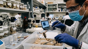 Un científico con mascarilla y guantes azules sostiene un escorpión con pinzas sobre una caja con arena en un laboratorio con microscopios.