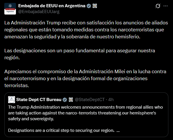 El tuit de la Embajada de Estados Unidos en Argentina