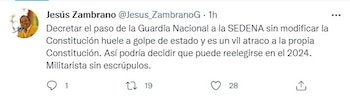 Jesús Zambrano arremetió contra AMLO por acuerdo para que Guardia Nacional pase a la Sedena