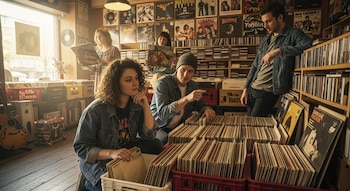 Cinco jóvenes en una tienda de discos de vinilo, algunos agachados examinando cajas de vinilos y otros de pie mirando carátulas.
