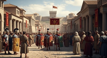 Calle de ciudad romana con edificios de piedra y columnas, soldados romanos armados con cascos y escudos, ciudadanos, bandera imperial, fortaleza al fondo.