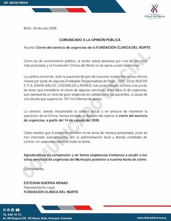 El cierre del servicio de urgencias se produce en un contexto de dificultades financieras que afectan a hospitales y clínicas de Antioquia, reflejando el impacto de la crisis que atraviesa el sistema de salud colombiano - crédito Fundación Clínica del Norte