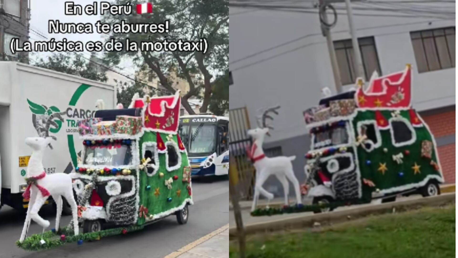 La decoración navideña de la mototaxi incluye un trineo, regalos y un reno, logrando un escenario festivo sobre ruedas.Foto: Composición Infobae Perú