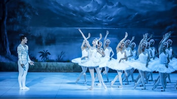Un bailarín con vestuario plateado observa a un grupo de bailarinas vestidas de cisnes blancos en un escenario teatral iluminado de azul